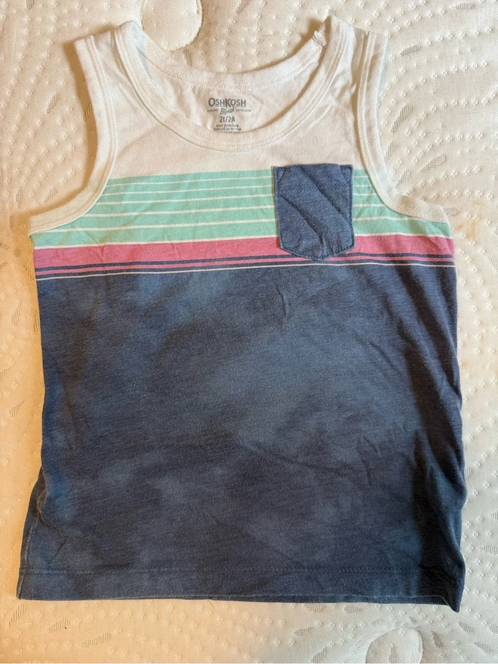 OshKosh B'gosh White, Mint & Blue Striped Tank Top with Pocket